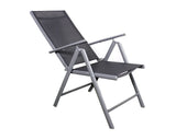 Black mesh outdoor folding chair with grey metal frame, angled view