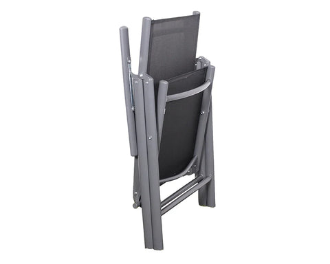 Folded grey outdoor chair with metal frame and mesh seat shown from rear angle