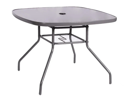 Square glass garden table with black metal frame and umbrella hole, angled side view