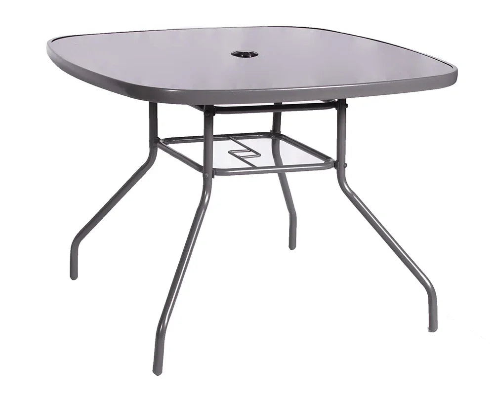 Square glass garden table with black metal frame and umbrella hole, angled side view