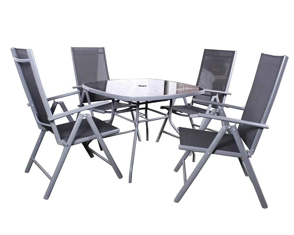 Grey outdoor dining set with glass table and four mesh chairs