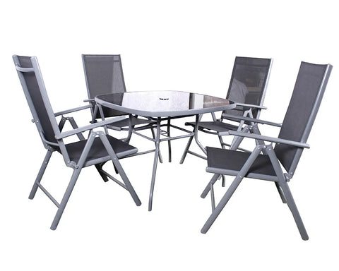 Grey outdoor dining set with glass table and four mesh chairs