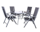 Grey outdoor dining set with glass table and four mesh chairs