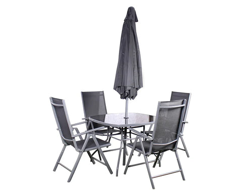 Grey outdoor dining set with glass table, four mesh chairs and closed patio umbrella