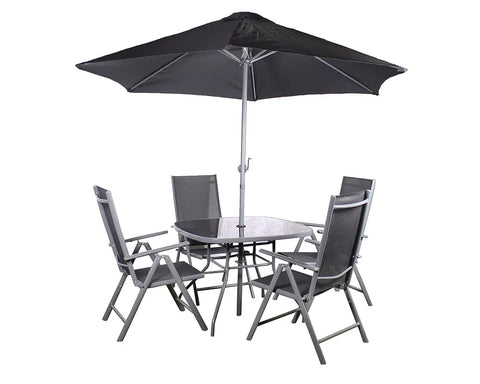 Grey outdoor dining set with four chairs, glass table, and black parasol