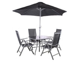 Grey outdoor dining set with four chairs, glass table, and black parasol