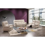 Beige leather recliner sofa set with armchair and coffee table in modern living room