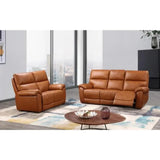 Tan leather recliner sofa set with armchair in modern living room on patterned rug