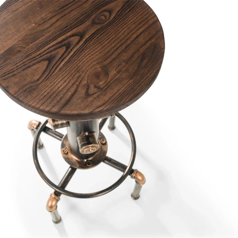 Round industrial bar stool with dark wood seat and metal pipe legs