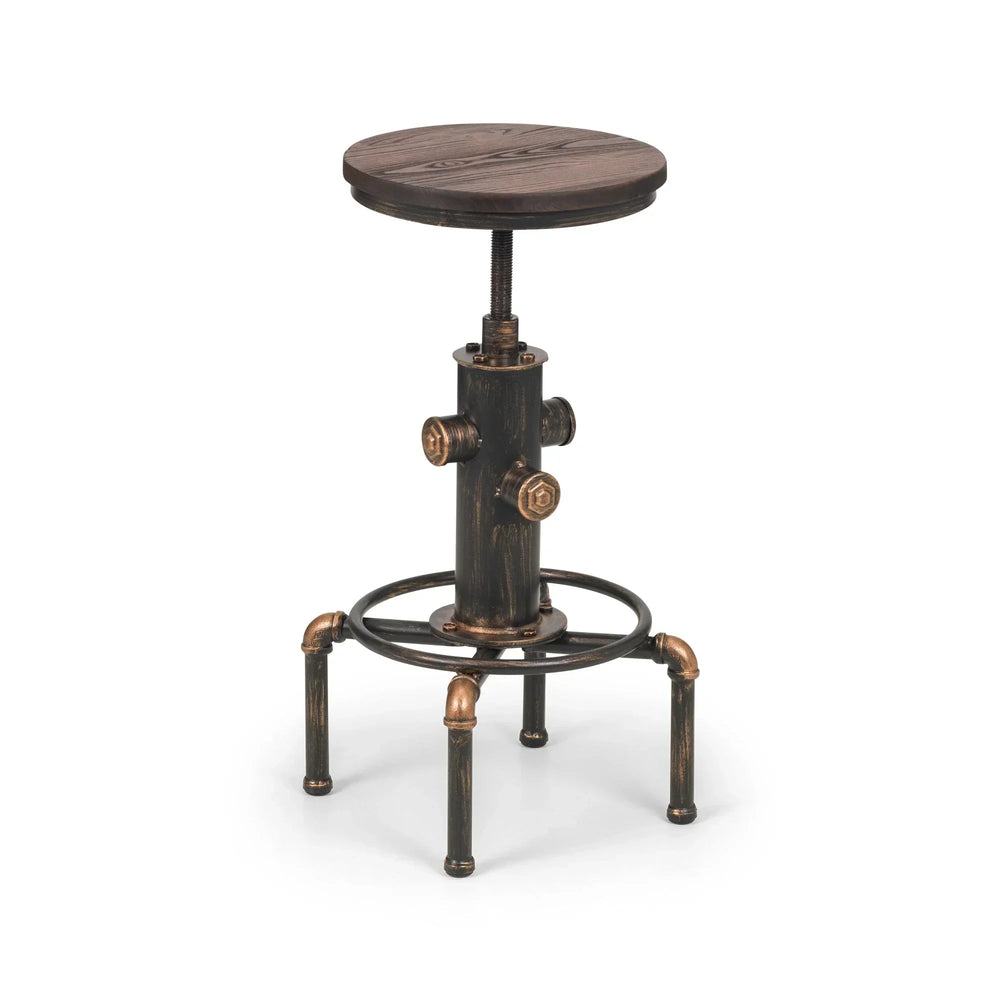 Industrial bar stool with round wood seat and bronze metal pipe base on white background