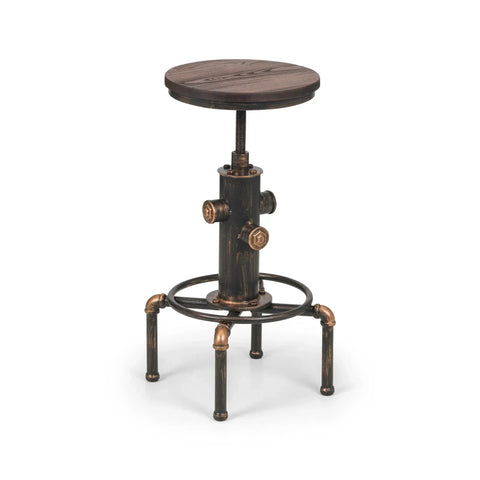 Industrial bar stool with round wood seat and bronze metal pipe base on white background