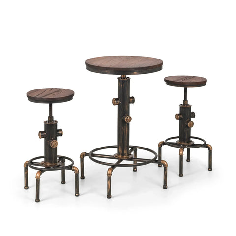 Industrial bar table and two matching stools with round wood tops and metal pipe legs