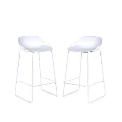 Pair of modern white bar stools with metal legs and curved seats on white background