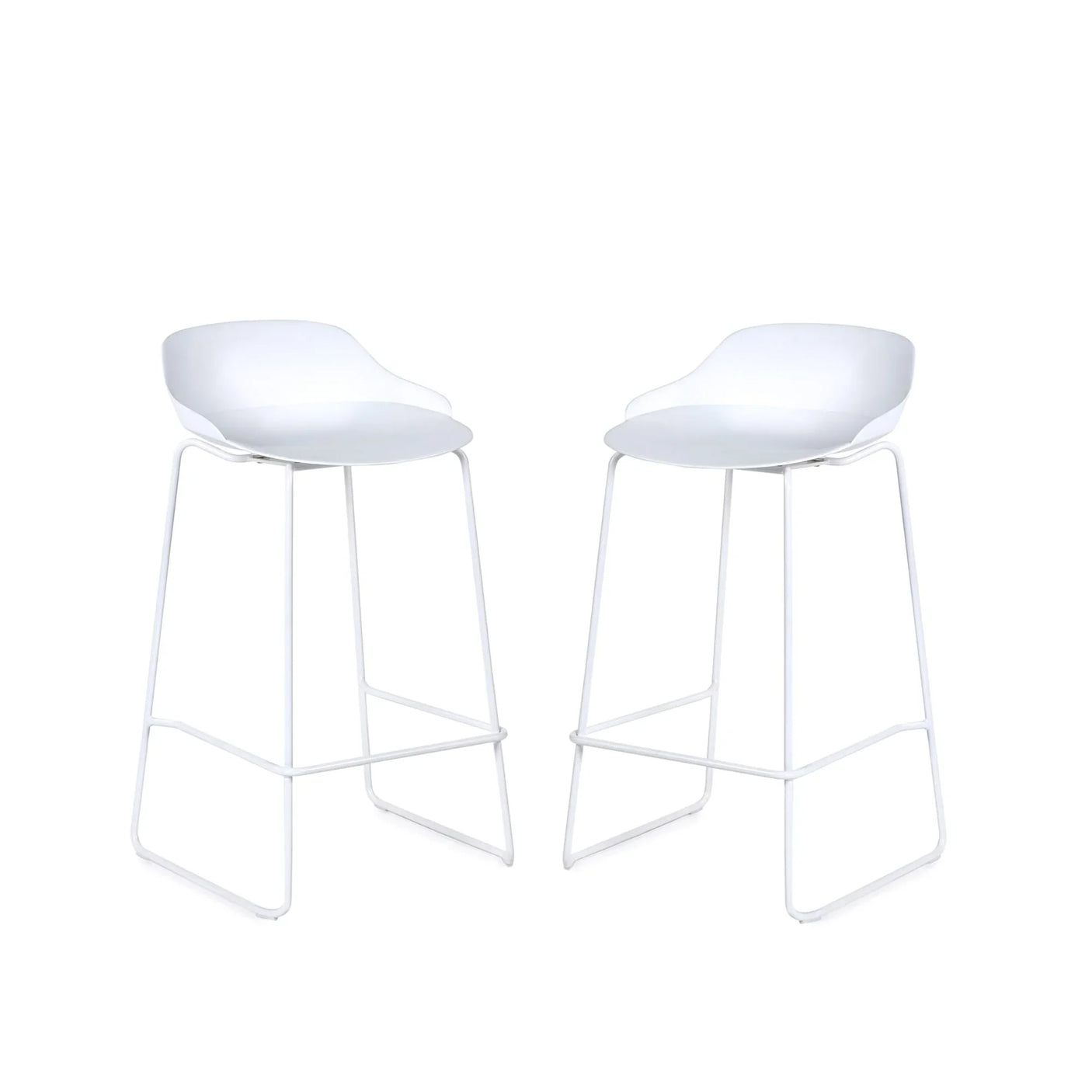 Pair of modern white bar stools with metal legs and curved seats on white background