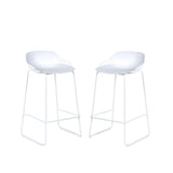 Pair of modern white bar stools with metal legs and curved seats on white background