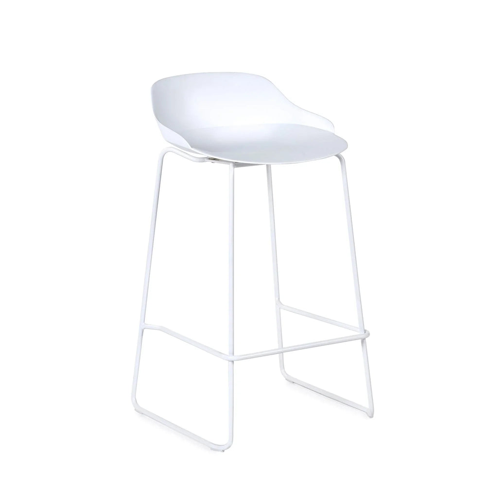 White modern bar stool with curved seat and metal legs on white background