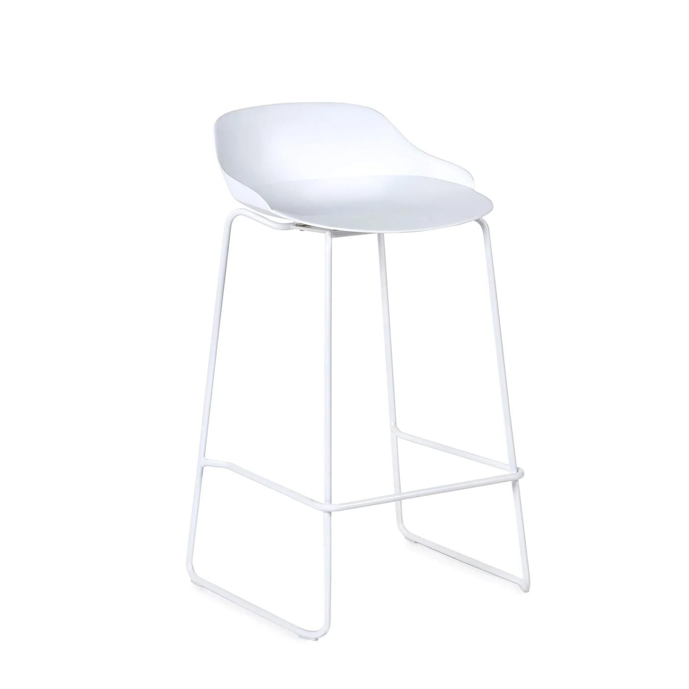 White modern bar stool with curved seat and metal legs on white background