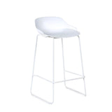 White modern bar stool with curved seat and metal legs on white background