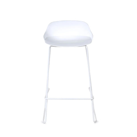 White modern bar stool with low backrest and metal legs, front view