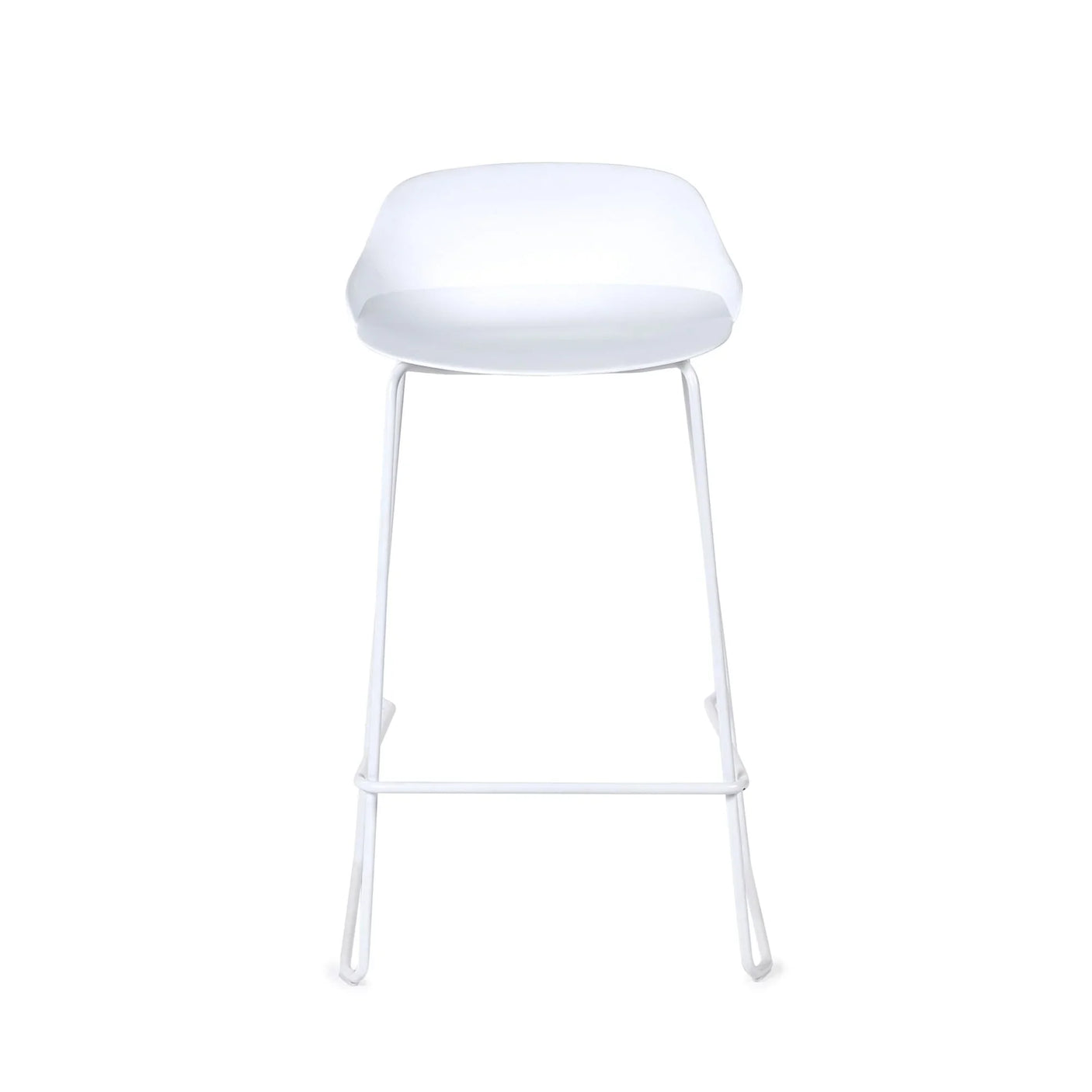 White modern bar stool with low backrest and metal legs, front view