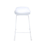 White modern bar stool with low backrest and metal legs, front view