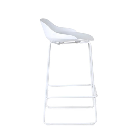 White modern bar stool with curved seat and metal legs, side profile view