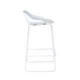 White modern bar stool with curved seat and metal legs, side profile view