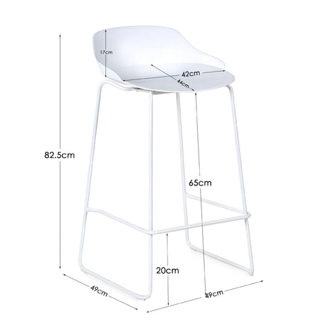 White bar stool with metal frame and backrest, showing seat and height dimensions
