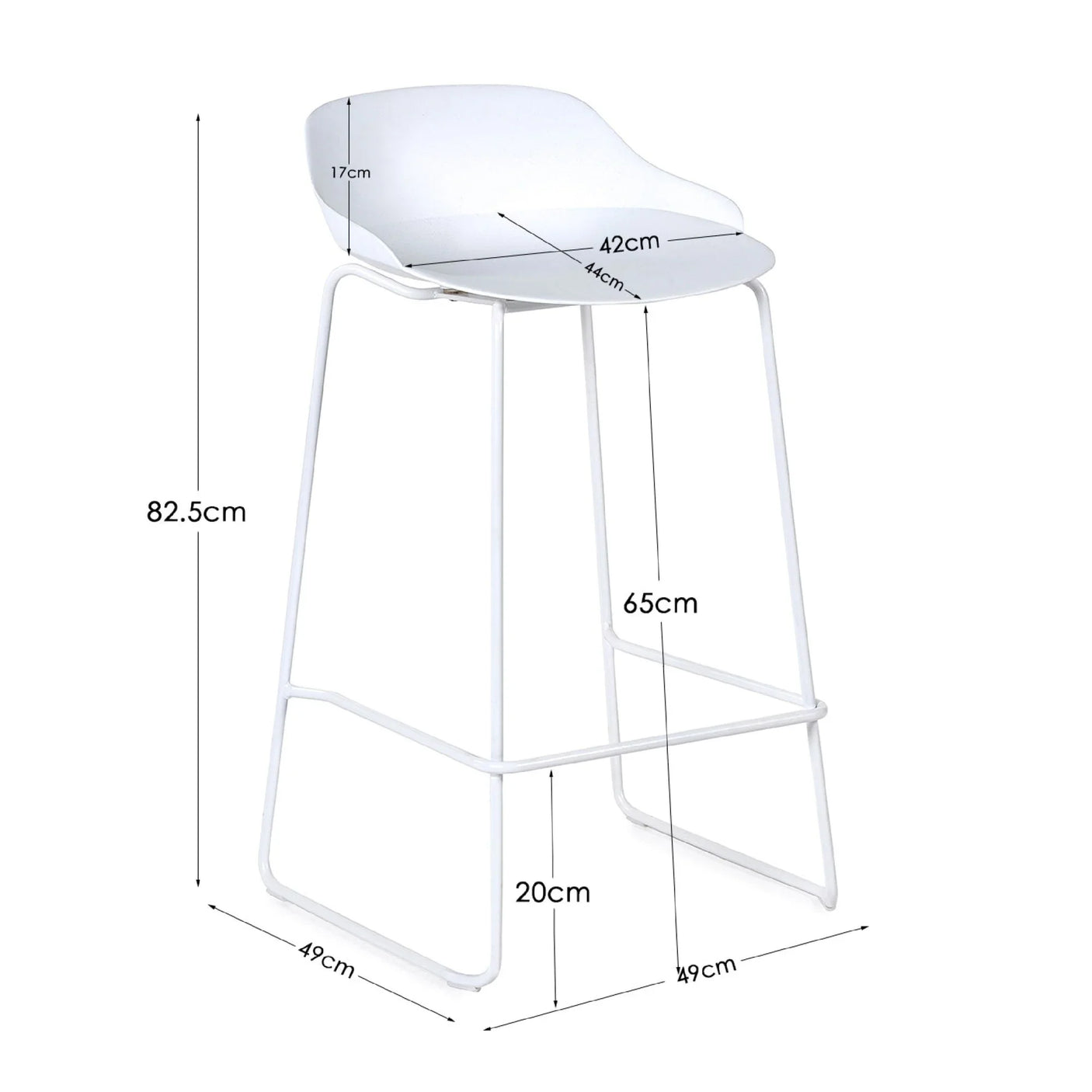 White bar stool with metal frame and backrest, showing seat and height dimensions