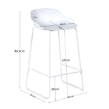 White bar stool with metal frame and backrest, showing seat and height dimensions