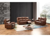 Brown leather recliner sofa set with armchair and loveseat in modern living room