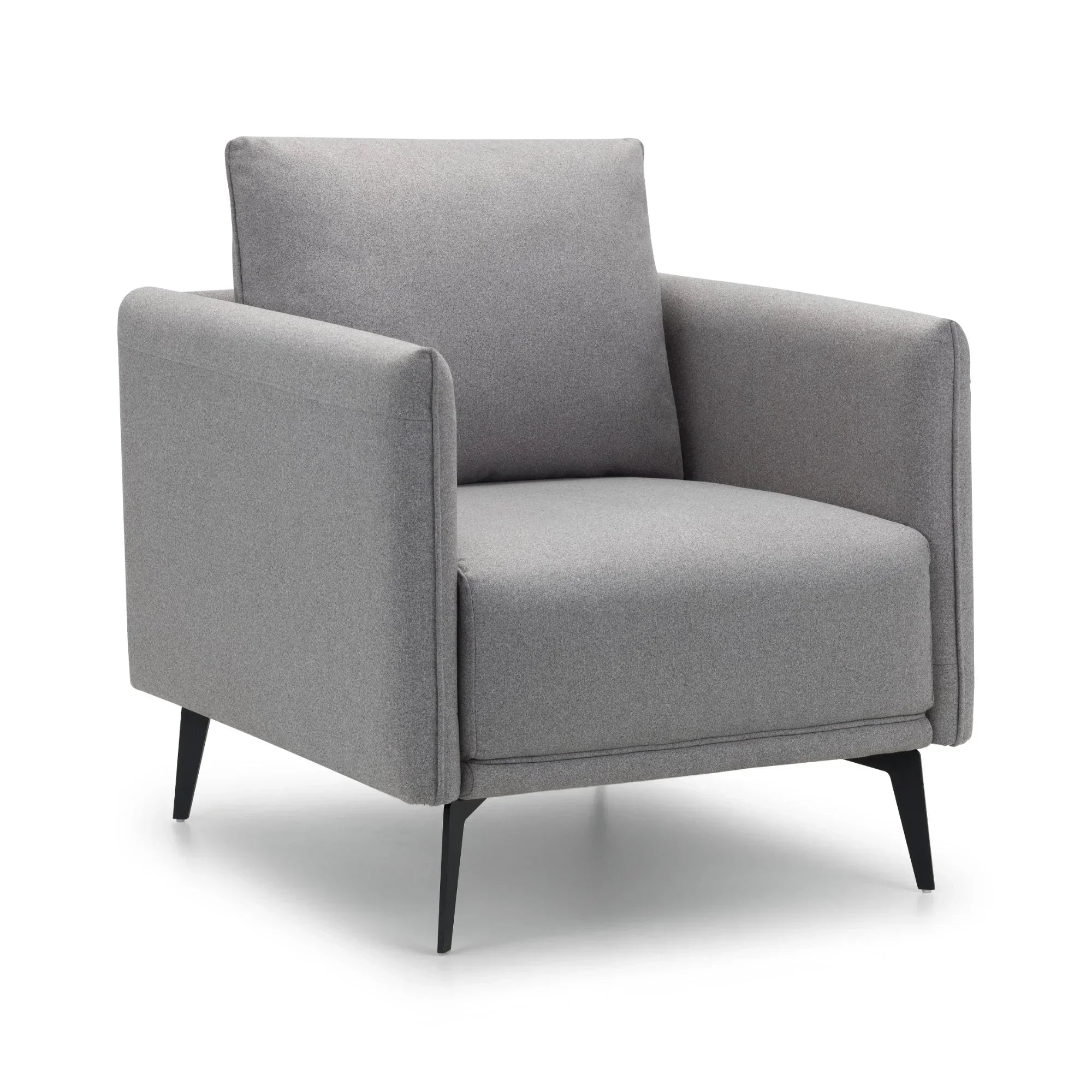 Grey fabric armchair with slim black legs and boxy silhouette on white background