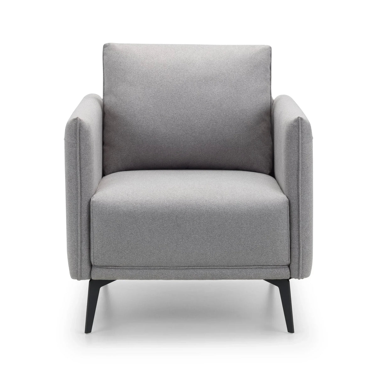 Modern grey fabric armchair with slim black metal legs, front-facing view