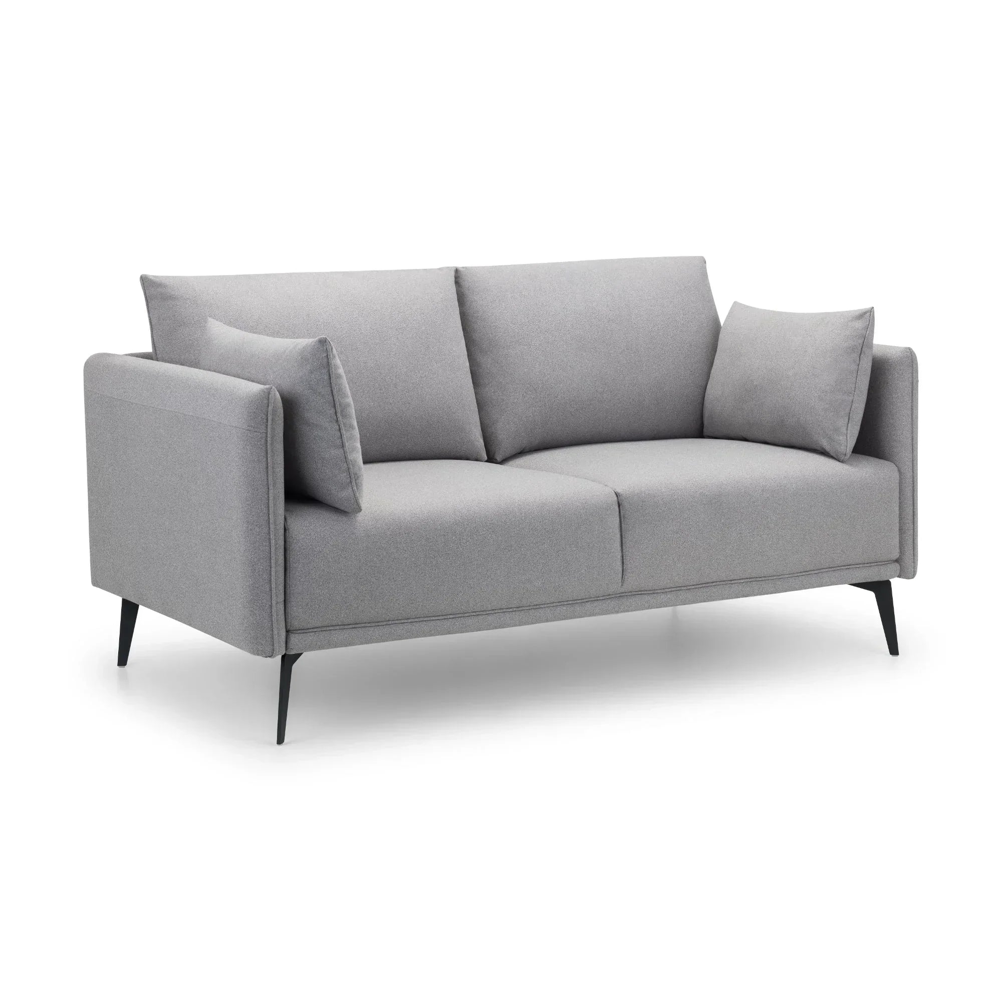 Grey 2 seater sofa with slim black legs and scatter cushions, front angled view