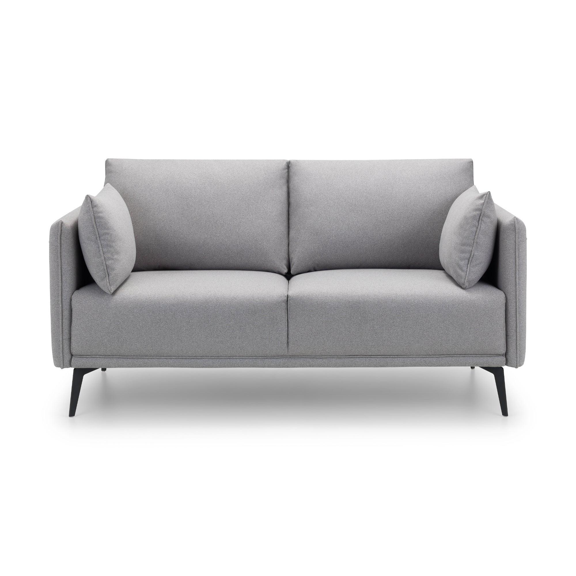 Light grey 2 seater fabric sofa with slim black legs and matching side cushions, front view