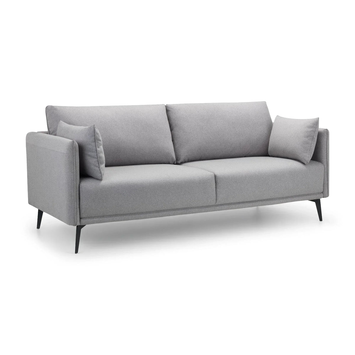 Grey three seater sofa with slim black legs and two matching cushions on white background