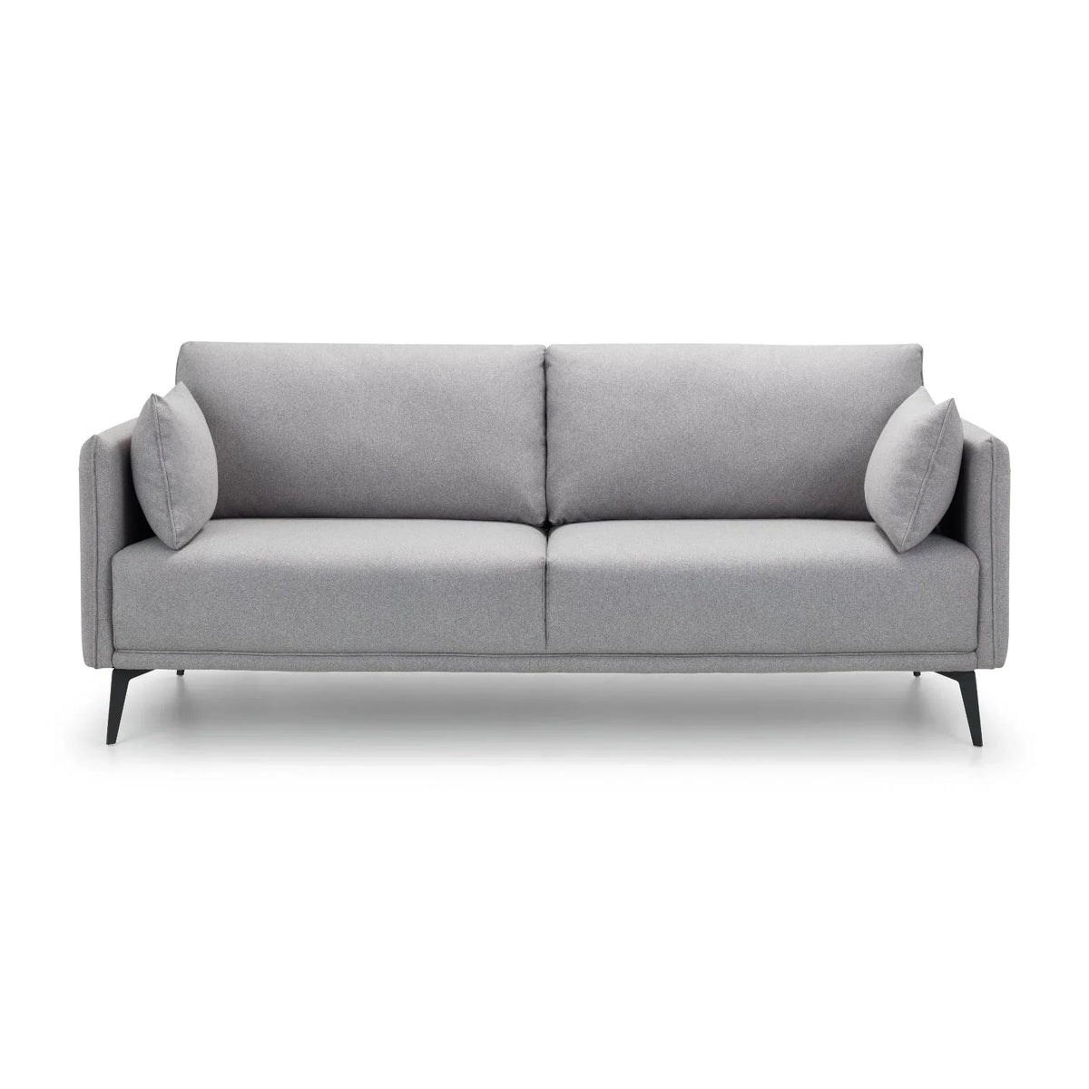 Modern grey fabric three seater sofa with slim black legs and two side cushions, front view