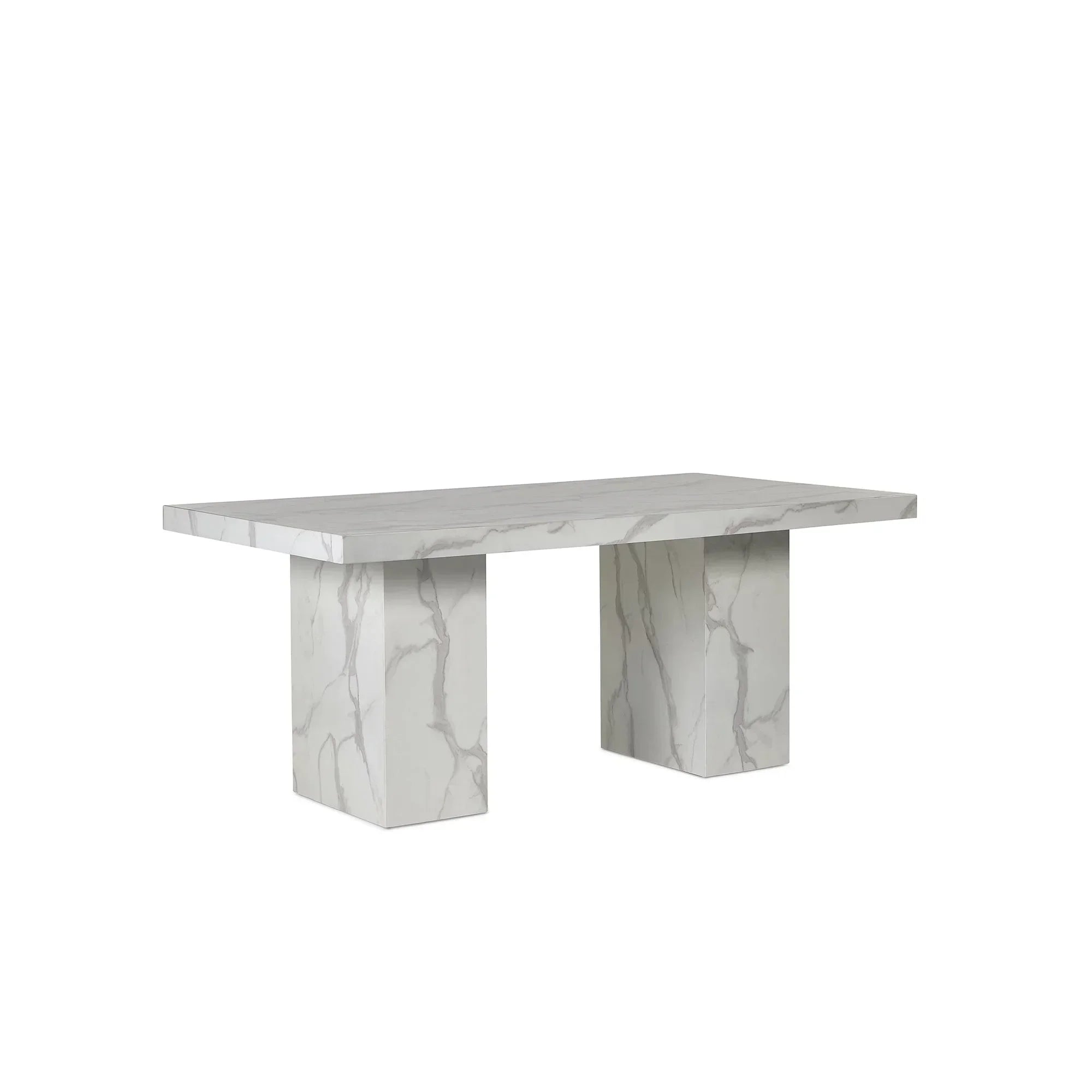 Rectangular white marble effect dining table with two block legs, shown at an angle