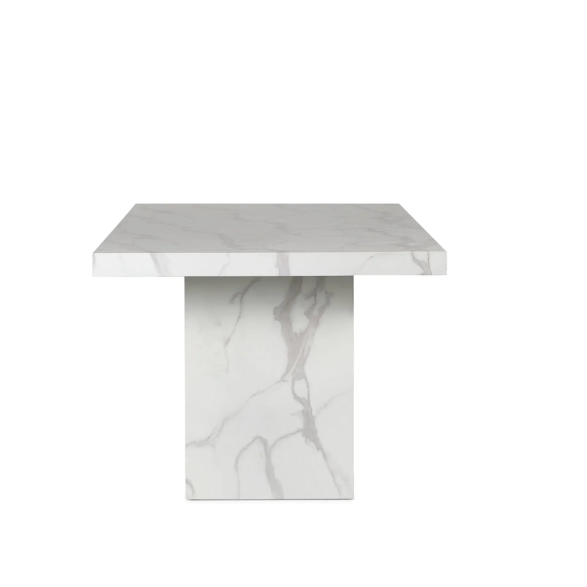 Rectangular white marble effect dining table with square pedestal base, front angle view