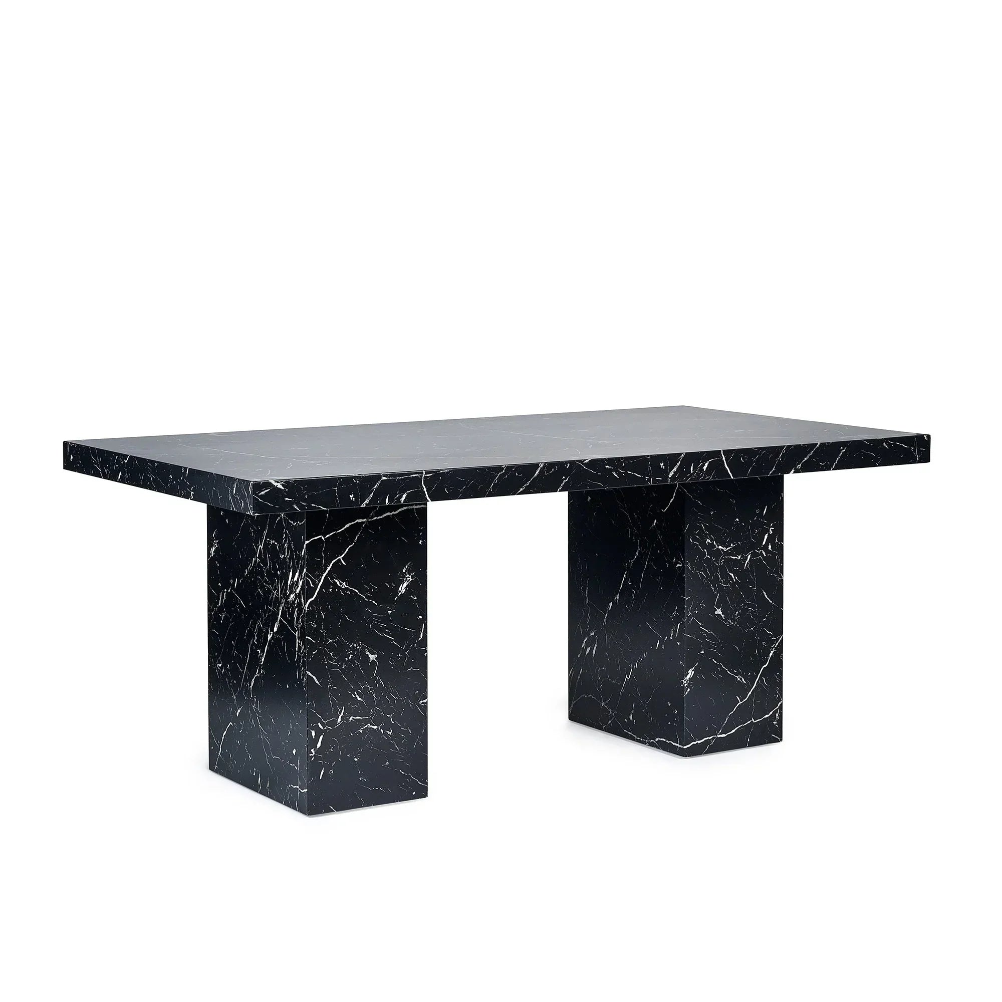 Rectangular black marble effect dining table with two block pedestal legs