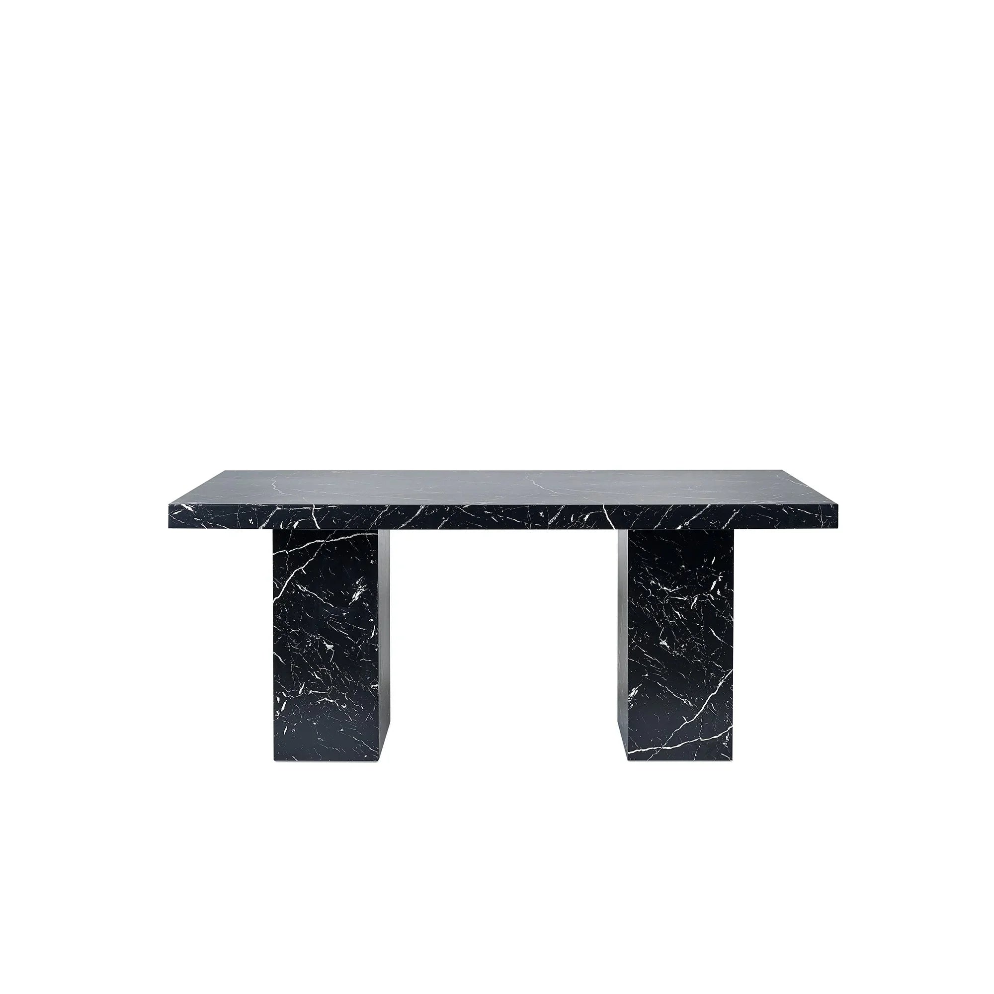 Rectangular black marble effect dining table with two block pedestal legs