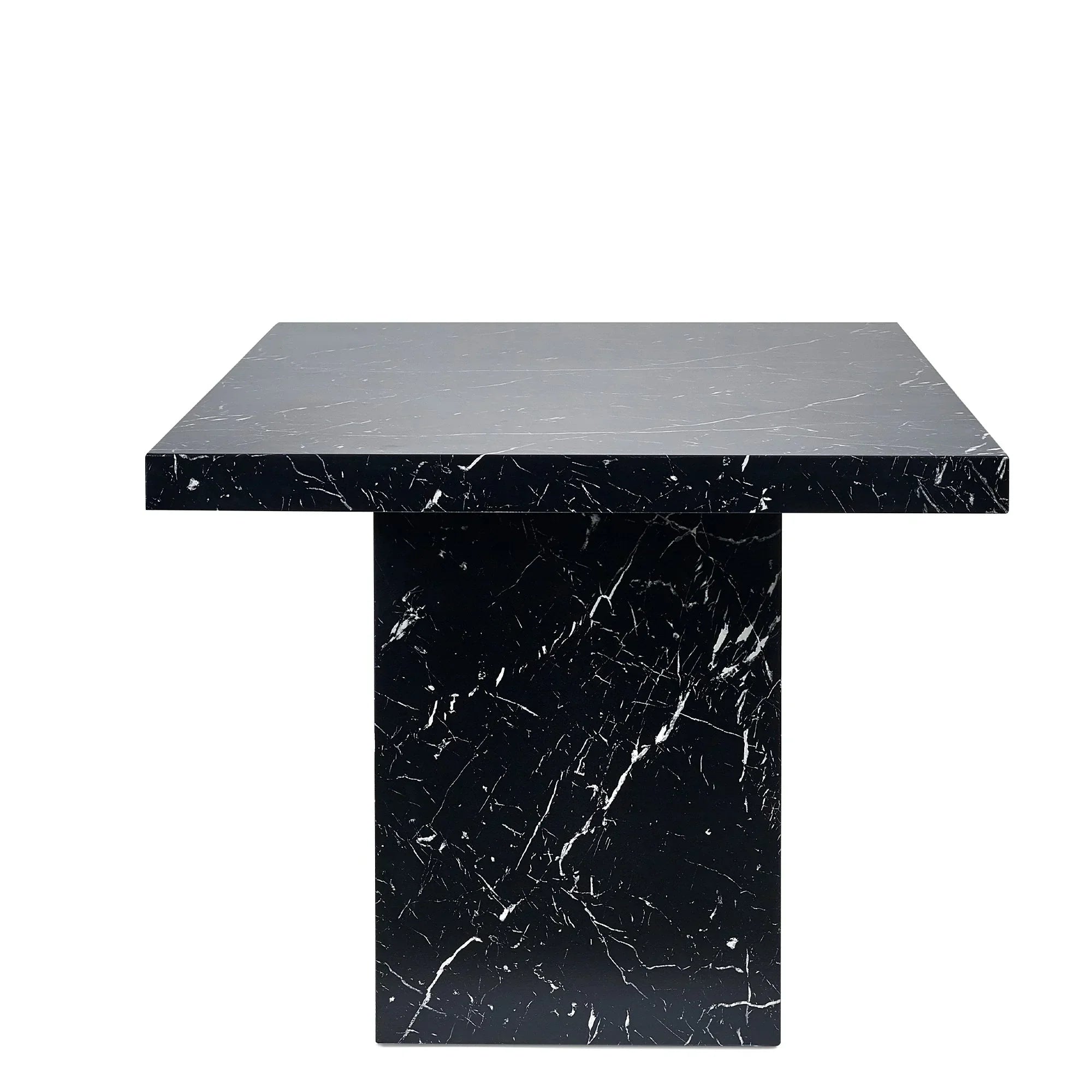 Square black marble effect dining table with pedestal base, front angle view