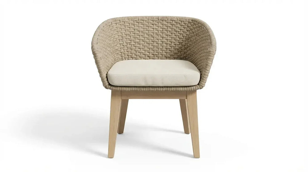 Beige woven accent chair with light wood legs and cream seat cushion, front view