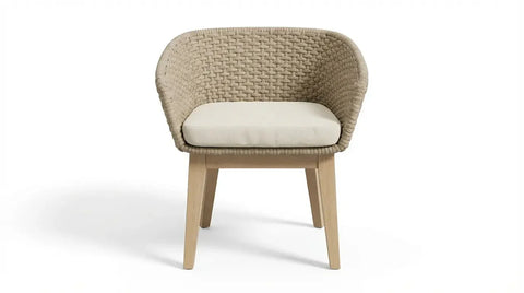 Beige woven accent chair with light wood legs and cream seat cushion, front view