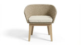 Beige woven accent chair with light wood legs and cream seat cushion, front view