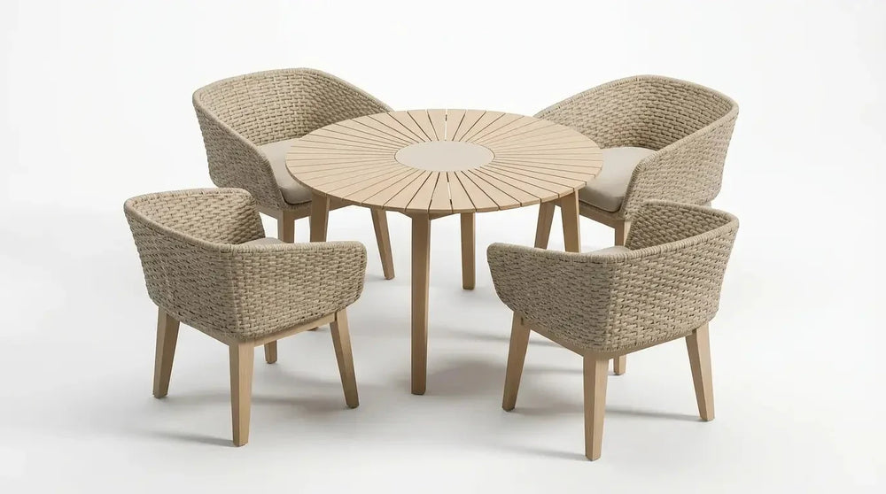 Four seater round dining table set with woven rattan chairs and padded seats