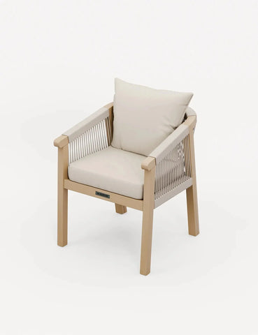Beige wooden armchair with rope sides and cream cushions, front angle view