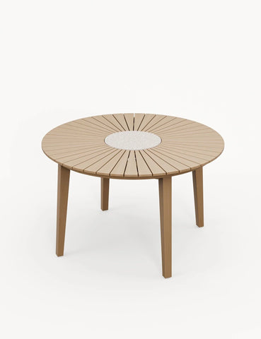 Round wood dining table with slatted top and stone center accent, four legs