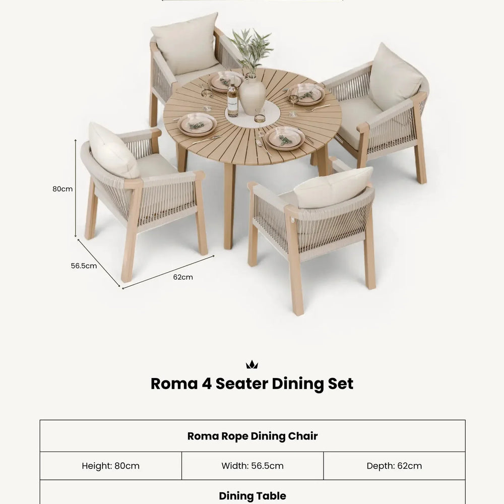 Roma 4 seater dining set with rope dining chairs and round wooden table, shown from above