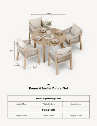 Roma 4 seater dining set with rope dining chairs and round wooden table, shown from above